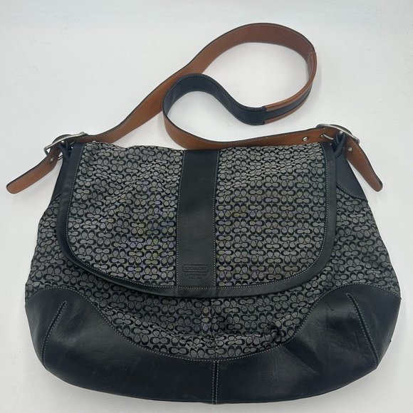 COACH 5706 Signature Black Grey Jacquard & Leather Crossbody Saddle Bag Y2K